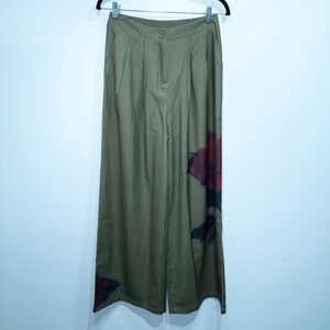 Uoozee Green Rose Printed Wide Leg‎ Trousers Size Medium NWT